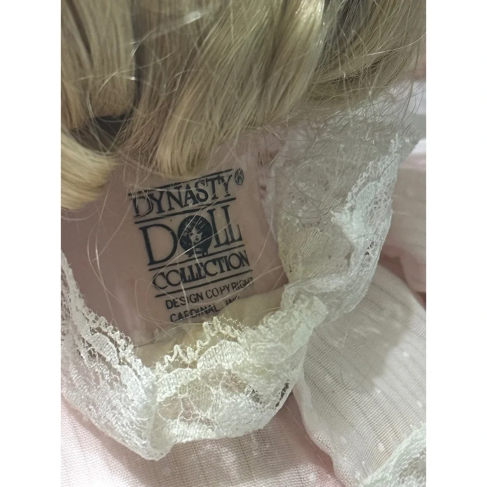 Dynasty Doll Collection Porcelain Doll Blonde Hair Pink Lace Dress 18 Inch